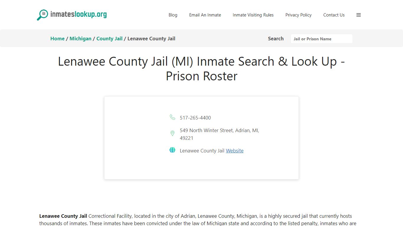 Lenawee County Jail (MI) Inmate Search & Look Up - Inmate Lookup