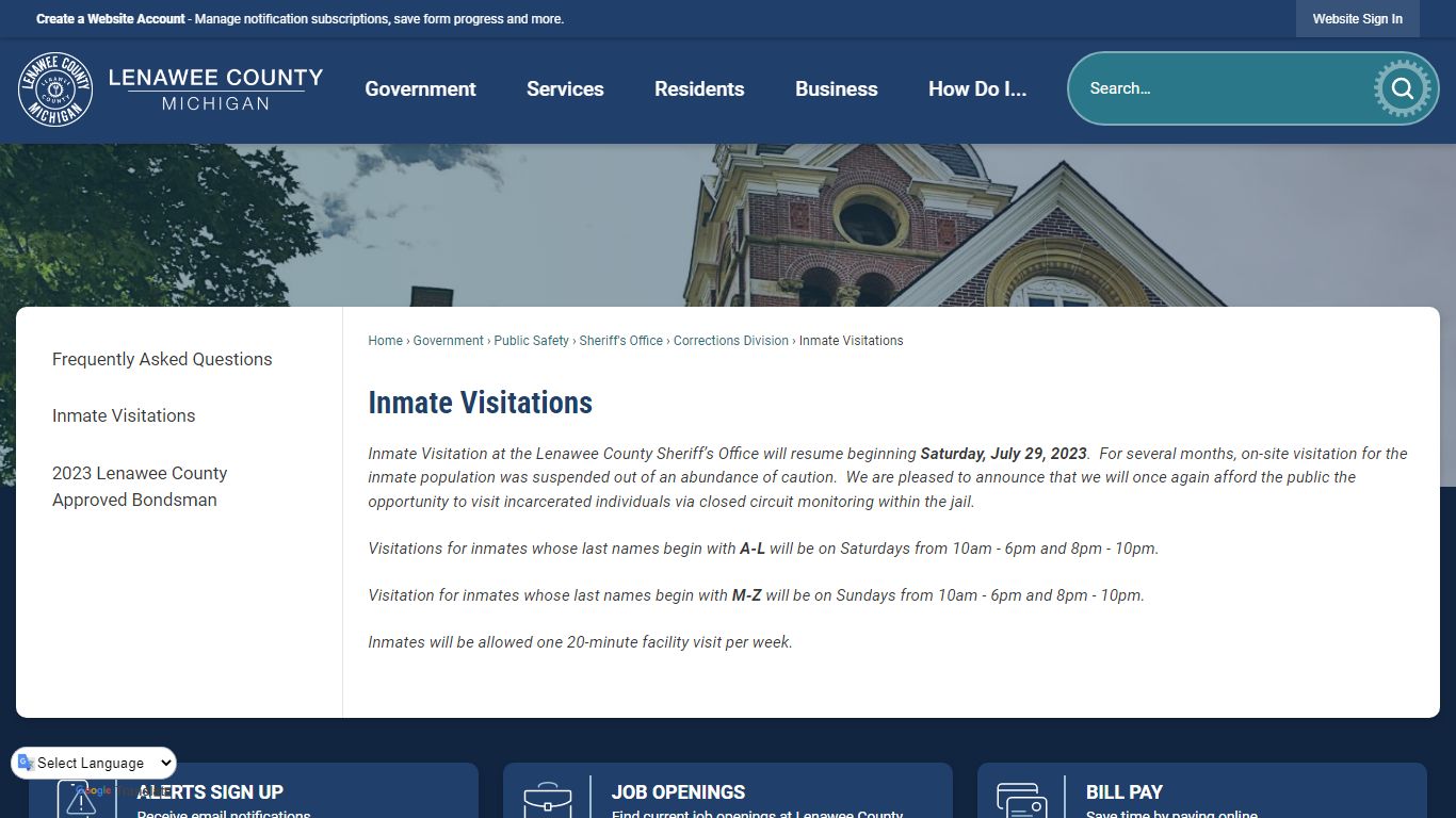 Inmate Visitations | Lenawee County, MI